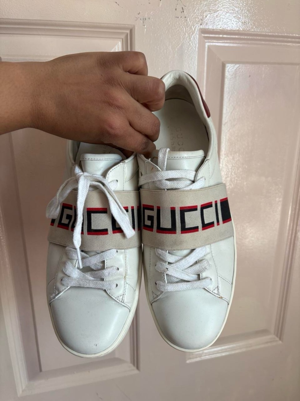 Gucci White Leather Sneakers with Red and Black Web Strap